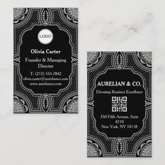Logo & QR-Code Art Deco Luxus Visitenkarte (Vorne/Hinten)
