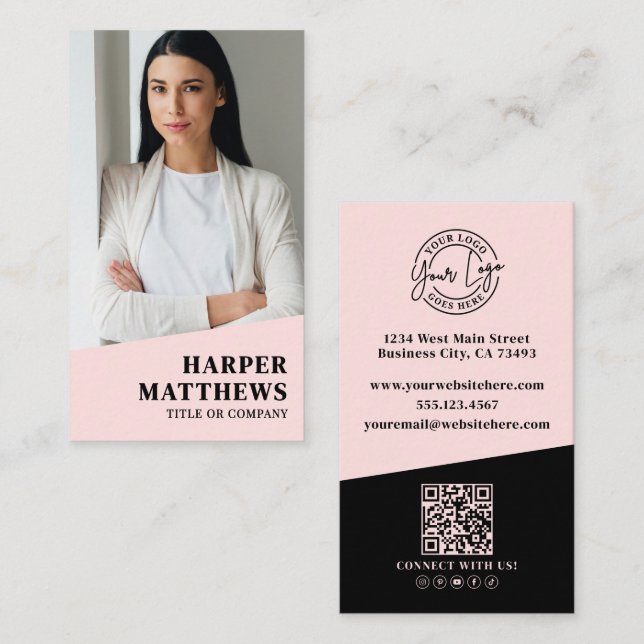Logo QR Code Blush Pink Visitenkarte (Vorne/Hinten)