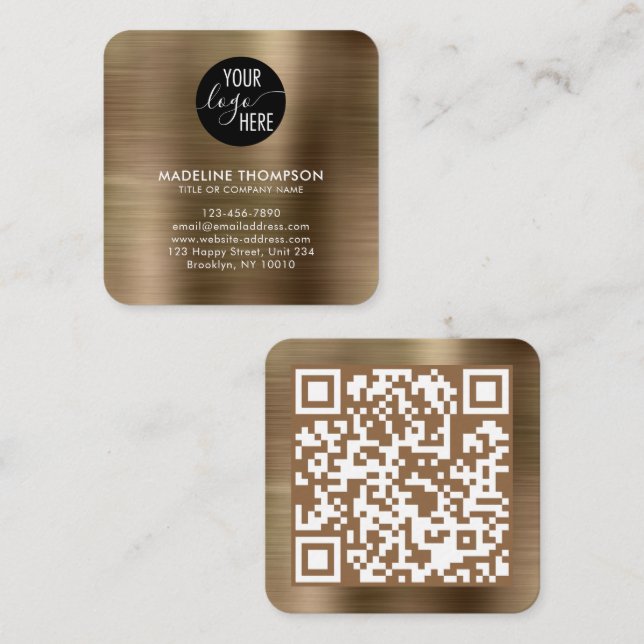 Logo-QR-Code der gebürsteten Metallgoldfirma Quadratische Visitenkarte (Vorne/Hinten)