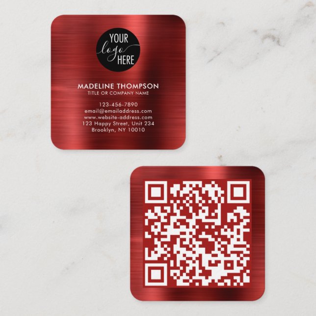 Logo-QR-Code der gebürsteten Metallic Red Company Quadratische Visitenkarte (Vorne/Hinten)