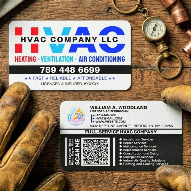 Logo, Qr Code & License - Modern AC Services, HVAC Visitenkarte (custom modern HVAC business cards for contractors, HVAC business card template, heating and cooling)