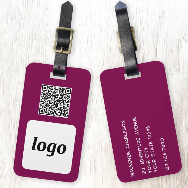 Logo QR Code Magenta PInk Business Promotion Gepäckanhänger (Simple logo QR code custom business branding promotional luggage tag in dark magenta pink burgundy)