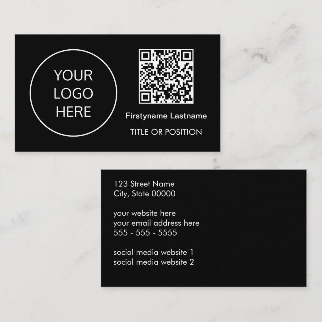 Logo QR Code Moderne Black Business Card Visitenkarte (Vorne/Hinten)