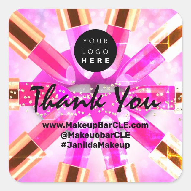 Logo QR Code Name Thank Shopping Pink Golden Lips Quadratischer Aufkleber (Vorderseite)