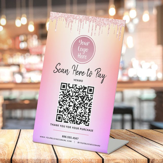 Logo QR Code Rosa Glitzer Pay Here Rainbow Ombre Sockelschild (Von Creator hochgeladen)