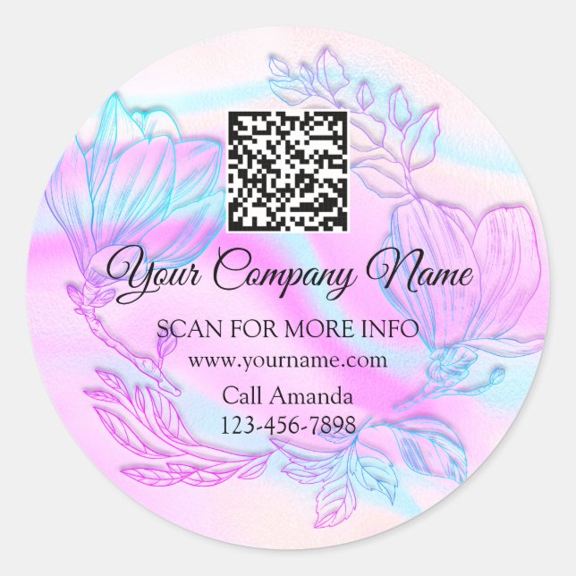 Logo QR-Code Rosa Holografisches Blumenkraut Runder Aufkleber (Vorderseite)