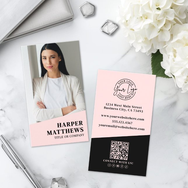 Logo QR Code Rosa Rouge Visitenkarte (Logo QR Code Blush Pink Business Card)
