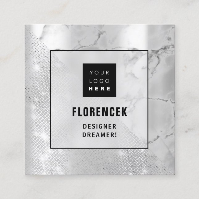 Logo QR CODE Shop Silver Marble Geometry Quadratische Visitenkarte (Vorderseite)