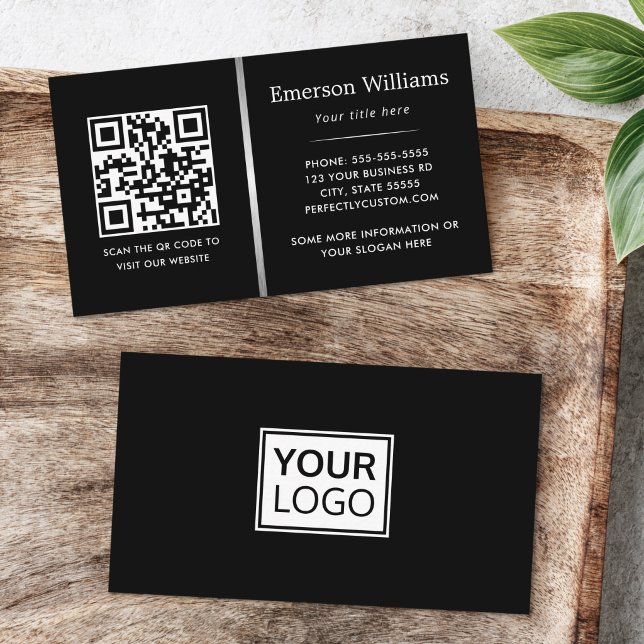 Logo QR-Code Silbergrau Gradiententeiler schwarz Visitenkarte (Elegant business cards with silver gray color gradient border and your custom logo and QR code)