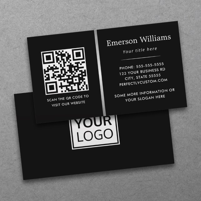 Logo QR-Code Silbergrau Gradiententeiler schwarz Visitenkarte (Black, professional business cards with QR code and custom logo)