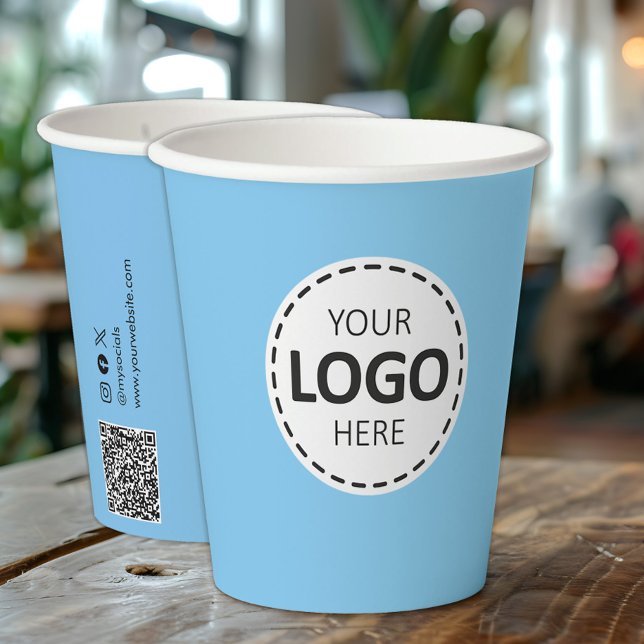 Logo, QR Code Social Media Custom Blue Paper Cups Pappbecher (Von Creator hochgeladen)