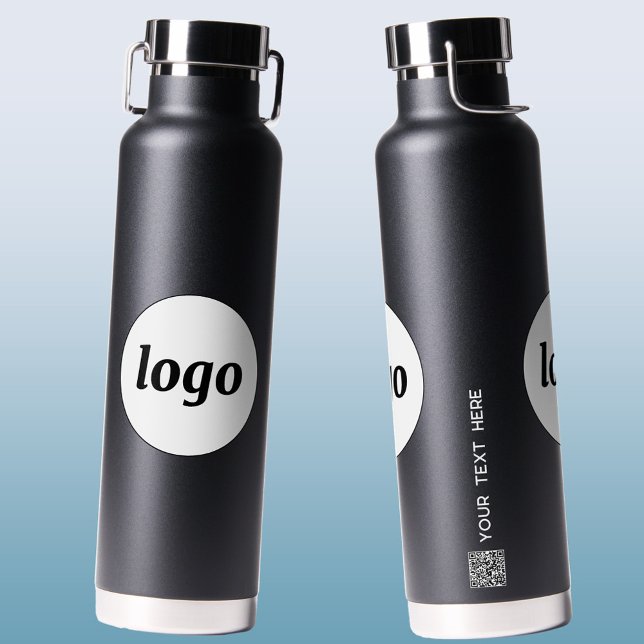 Logo-QR-Code Text-Branding für Unternehmen Trinkflasche (Simple logo with QR code and custom text business branding promotional black water bottle)