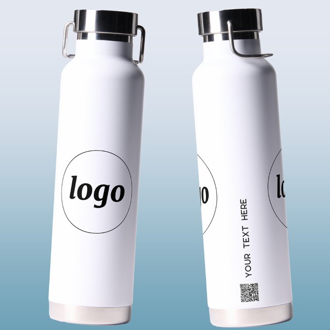 Logo-QR-Code Text-Branding für Unternehmen Trinkflasche (Simple logo with QR code and custom text business branding promotional water bottle)