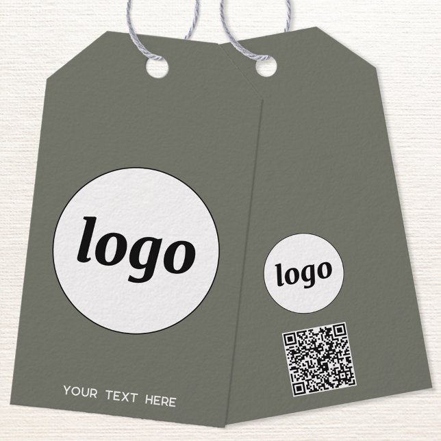 Logo-QR-Code Text Preis-Kennzeichen für Geschäftsp Geschenkanhänger (Logo with QR code and custom text business promotional sage green product or price tags)