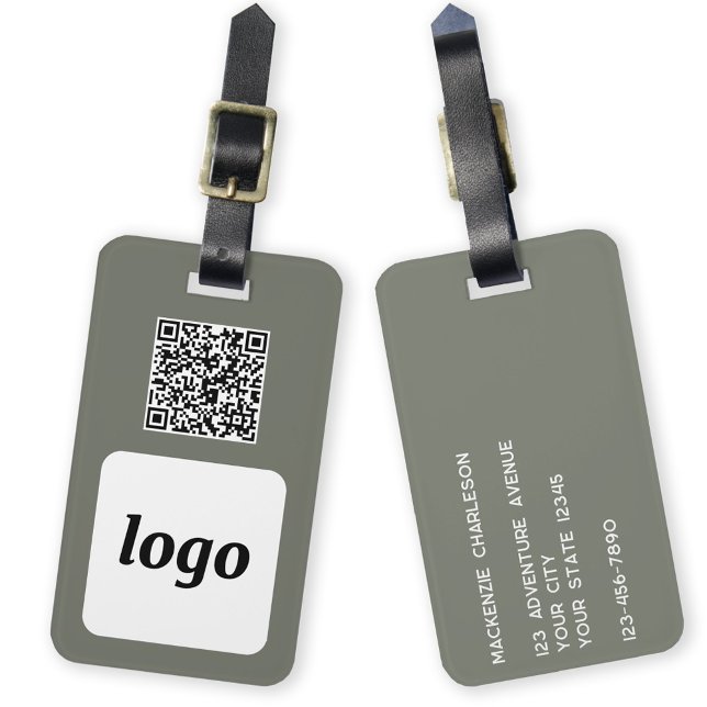 Logo QR-Kode Sage Green Business Werbung Gepäckanhänger (Logo QR code with custom text business promotional luggage tag)