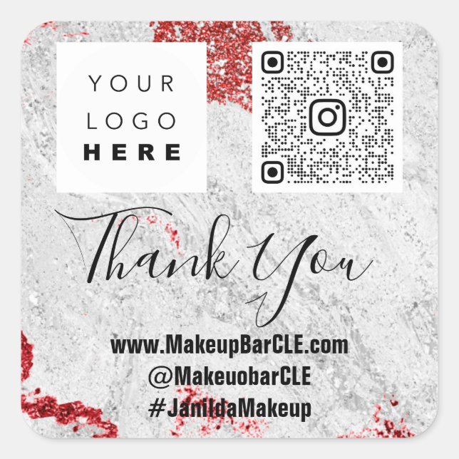 Logo QRCode Name Danke Shopping Marble Gray Red Quadratischer Aufkleber (Vorderseite)