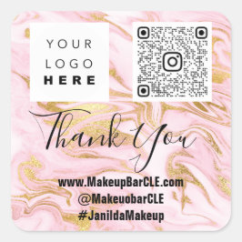 Logo QRCode Name Danke Shopping Marble Pink Gold Quadratischer Aufkleber