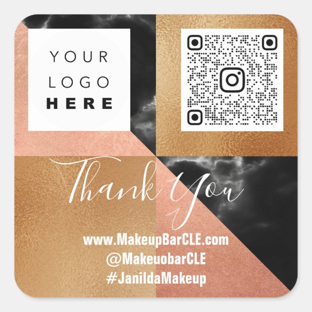 Logo QRCode Name Danke Shopping Marble Rose Quadratischer Aufkleber (Vorderseite)