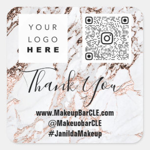 Logo QRCode Name Danke Shopping Marble Rose Weiß Quadratischer Aufkleber