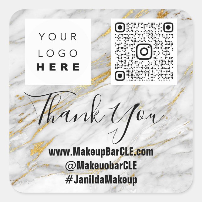 Logo QRCode Name Vielen Dank Shopping Imitate Marb Quadratischer Aufkleber (Vorderseite)