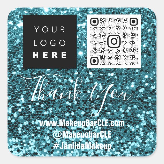 Logo QRCode Name Vielen Dank Shopping Social Blue Quadratischer Aufkleber (Vorderseite)