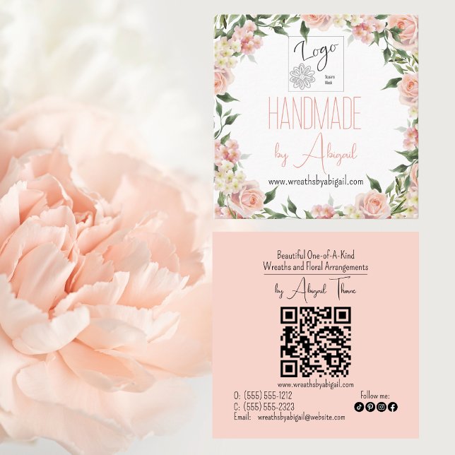Logo-Rose Handgefertigte Visitenkarte (Pink Rose Floral Handmade Crafting Logo QR Code Square Business Cards)