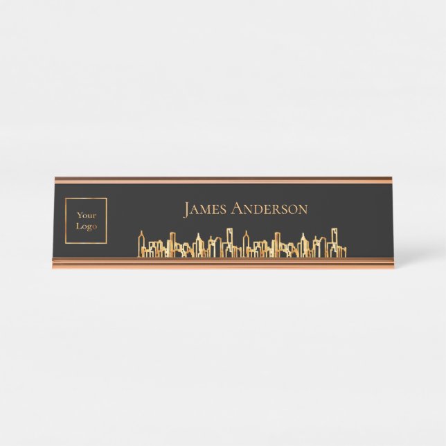 Logo Schwarz Gold City Skyline Business Real Anwes Schreibtischnamensplakette (Vorderseite )