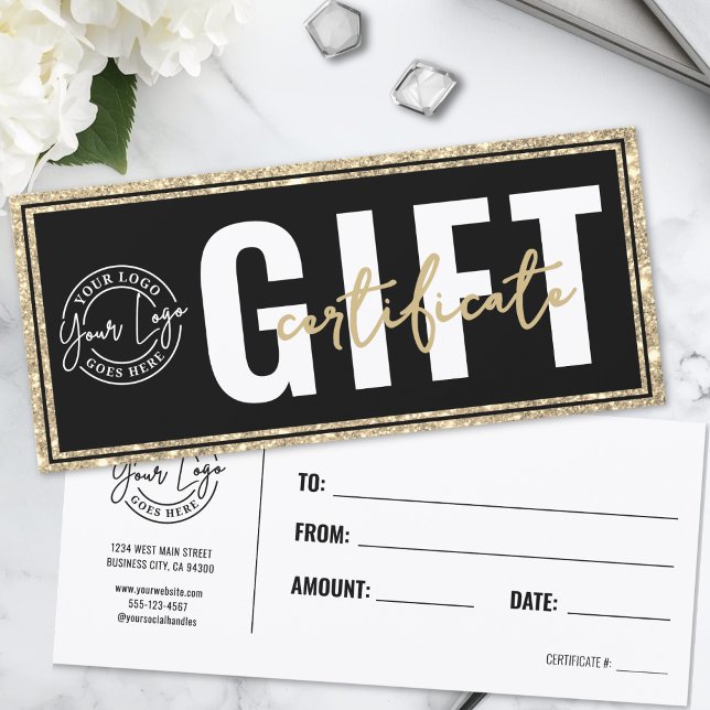 Logo Schwarz Gold Glitter Geschäft Geschenkgutsche (Logo Black Gold Glitter Business Gift Certificate)