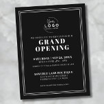 Logo Simple Business Grand Opening Postkarte<br><div class="desc">Eine elegante und minimalistische Schwarz-Weiß-Einladung, die für eine große Öffnung, Produkteinführung oder Markenveranstaltung konzipiert ist. Das Layout zeichnet sich durch einen schwarzen Hintergrund mit weißer klassischer Serifentypografie aus, die schlichte und grobkörnige Schriftart-Stile für ein berufliches und gepflegtes Aussehen kombiniert. Ein einfacher Doppelrahmen verleiht eine elegante Touch, ohne das Design zu...</div>