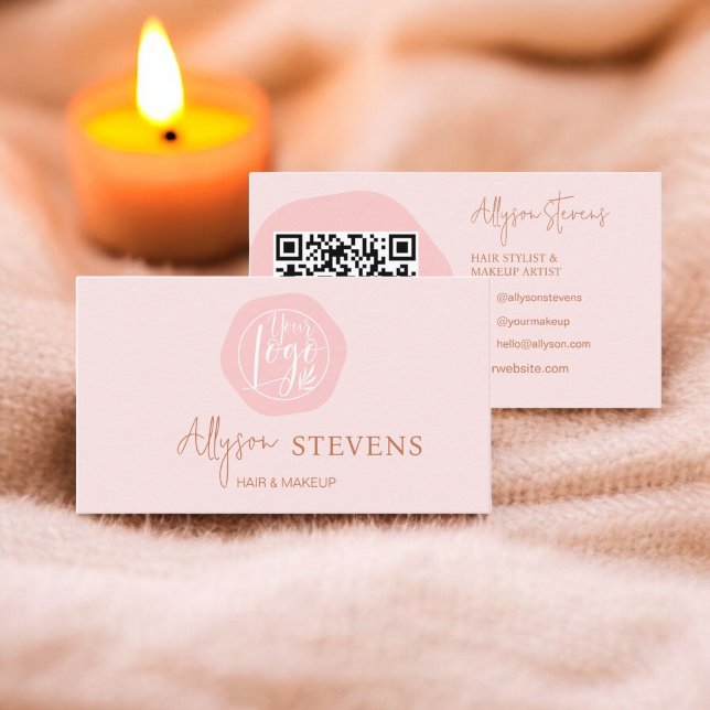 Logo-Skript boho rosa Haarschminke qr-Code Visitenkarte (Logo script boho pink hair makeup qr code business card)