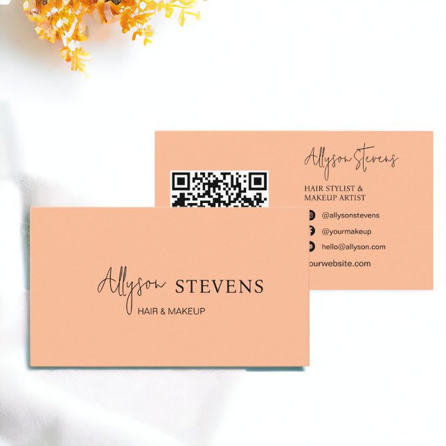 Logo-Skript Chic Pfirsichhaar Make-up qr-Code Visitenkarte (Logo script chic peach hair makeup qr code business card)