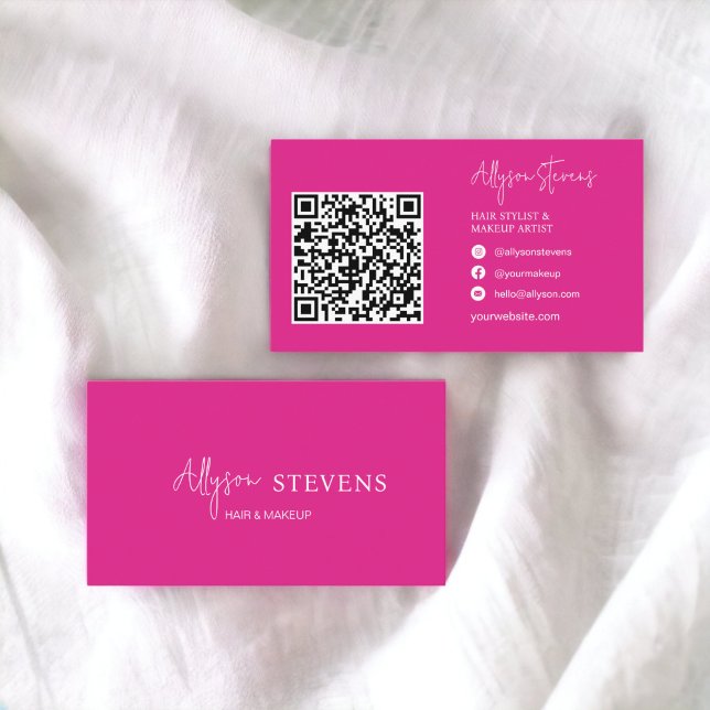 Logo-Skript weiß, hellrosa Haarschminke qr-Code Visitenkarte (Logo script white hot pink hair makeup qr code business card)
