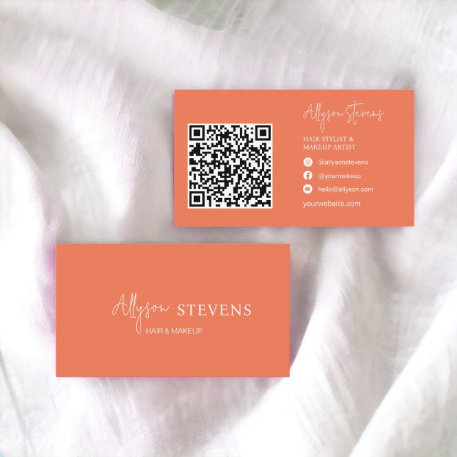 Logo-Skript weißes Korallenhaar-Makeup qr Code Visitenkarte (Logo script white coral orange hair makeup qr code business card)