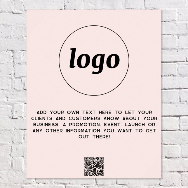 Logo Text QR Code Werbeaktion für Unternehmen Rosa Poster (Logo with custom text and QR code blush pink business promotional poster)