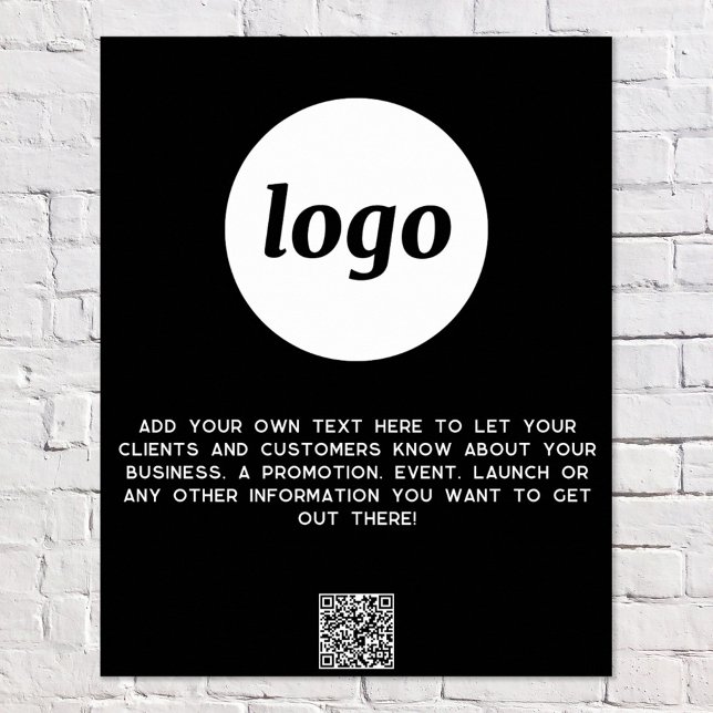 Logo Text QR Code Werbung Business Black Poster (Logo with custom text and QR code business promotional poster)