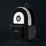 Logo, Text, Slogan, Website Bedruckter Rucksack<br><div class="desc">Dieses berufliche Rucksack mit Firmenlogo und individuellem Text ist leicht zu personalisieren. Sie können Firmennamen, Slogan, Social Media, Website oder weitere Informationen hinzufügen oder löschen. Ein schlichtes und modernes Design in Schwarz/Weiß mit klarem serifenlosen Schriftart für einen beruflichen und edgy Look, perfekt als Werbegeschenk für Mitarbeiter, Kunden, Firmenfeiern, Messen. Der...</div>