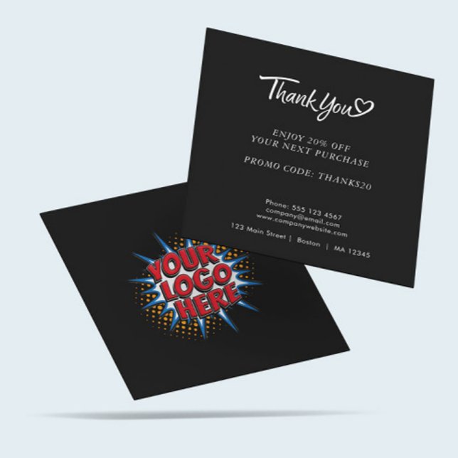 Logo und benutzerdefinierter Rabattcode Schwarz Quadratische Visitenkarte (Von Creator hochgeladen)