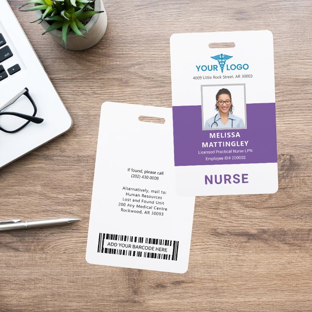 Logo und Foto-ID für personalisierte Krankenhausmi Ausweis (Nurse Photo Purple ID Card with Barcode)