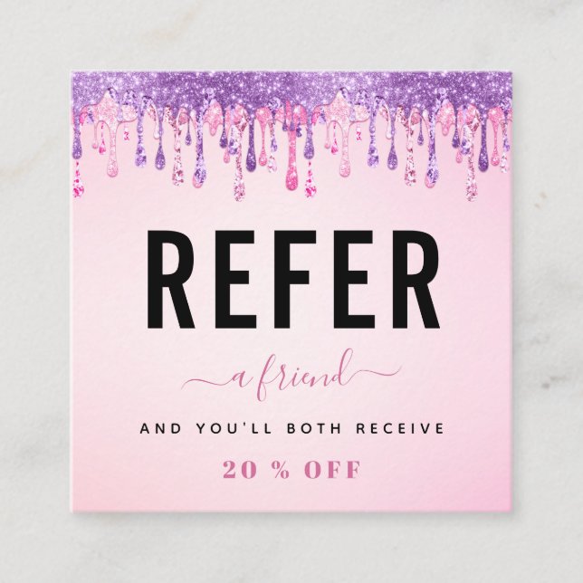 Logo und Markenname für den Lila Glitzer in Rosa Empfehlungskarte (Vorderseite)