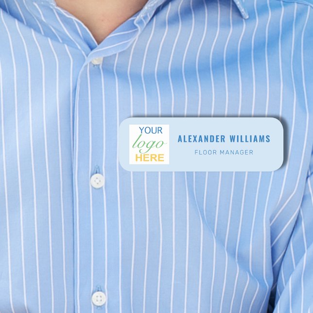 Logo und Mitarbeiter am benutzerdefinierten Platz Namensschild (Custom business your logo here employee name and job tag Blue modern professional design)
