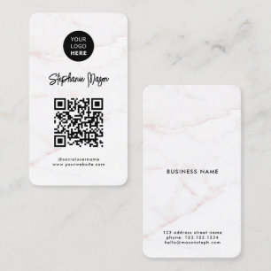 Logo und QR-Code   Eleganter White Rose Gold Marmo Visitenkarte