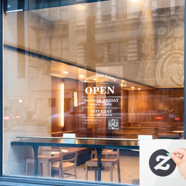 Logo und QR-Code für moderne Geschäftsöffnungszeit Fensteraufkleber (Café-Fenster)