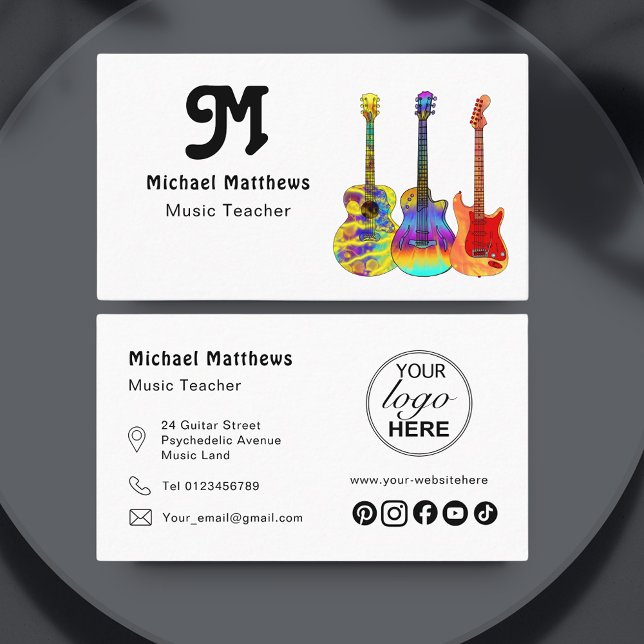 Logo und Social Media Custom Music Teacher Visitenkarte (Retro guitar music teacher custom logo business card)