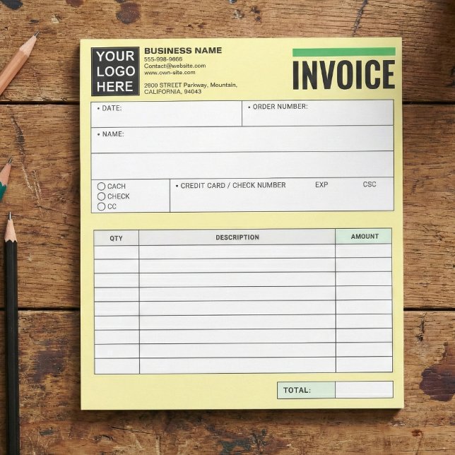 Logo, Verkaufsbeleg-Bestellformulare, Rechnungshef Notizblock (Custom Sales Receipt Order Form Notepad (Invoice Booklet, Handheld, Carbonless, Made in USA)