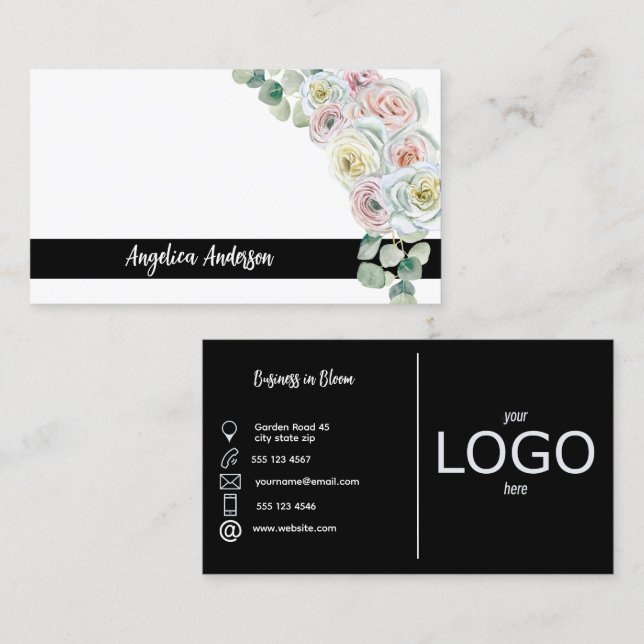 Logo von Schwarz-weiß Bloom Floral Aquarell Compan Visitenkarte (Vorne/Hinten)