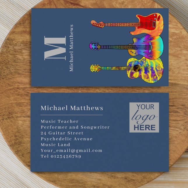 Logo-Vorlage für Gitarrenmusiklehrer Visitenkarte (Modern guitar music tutor professional musician logo blue Business card. Colorful guitar art)
