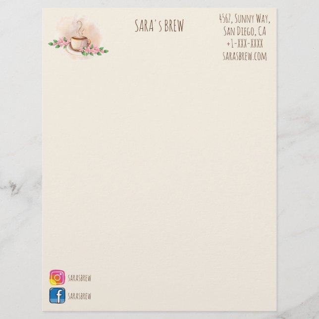 Logo Watercolor-Kaffee-Tasse und Blumencafé Briefbogen (Vorderseite)