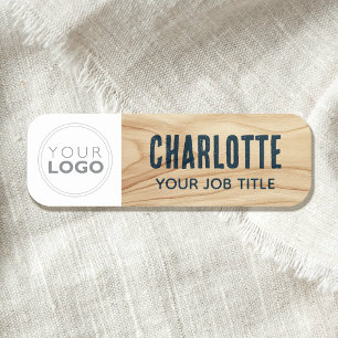 Logo "Woodgrain Rustic Employee Company Blue ID" Namensschild