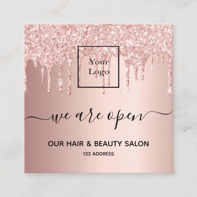 Logos Wiedereröffnung Schönheitssalon Rose Gold Gl Quadratische Visitenkarte (Vorderseite)