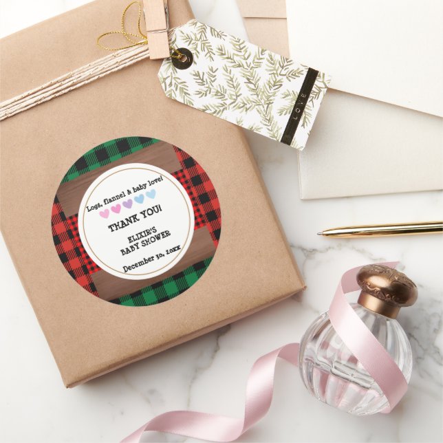 Logs Flannel Rustic Kariert Hearts Baby Dusche Runder Aufkleber (Schenken)